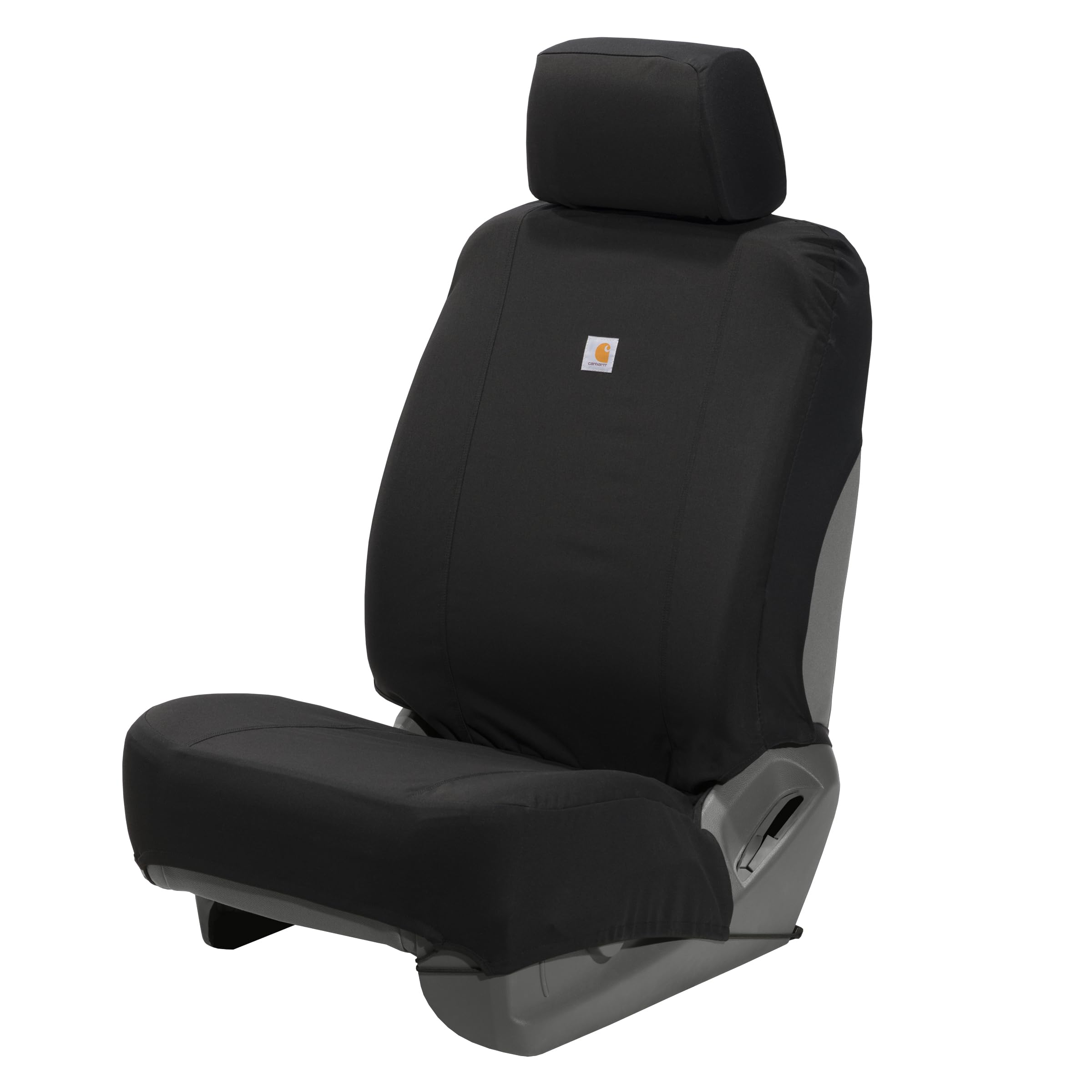 Carhartt universal seat cover front view showing rugged fit and protection.