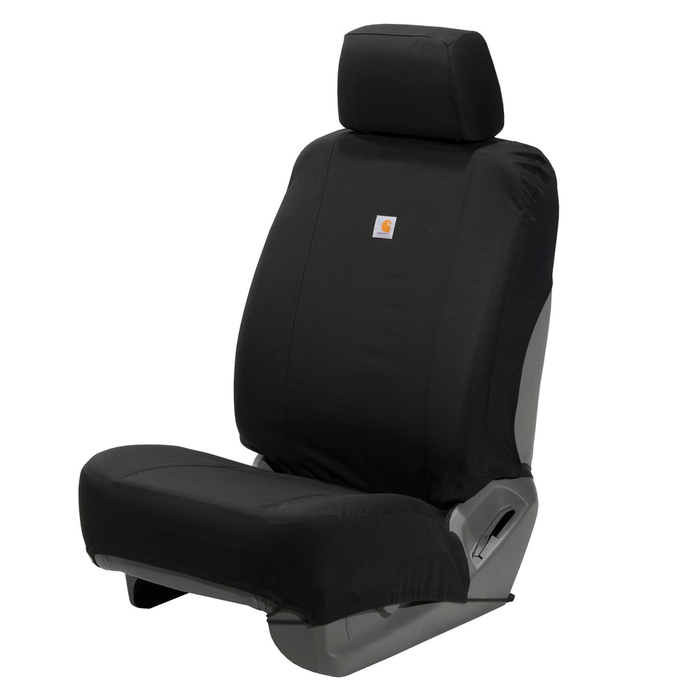 Carhartt universal seat cover front view showing rugged fit and protection.