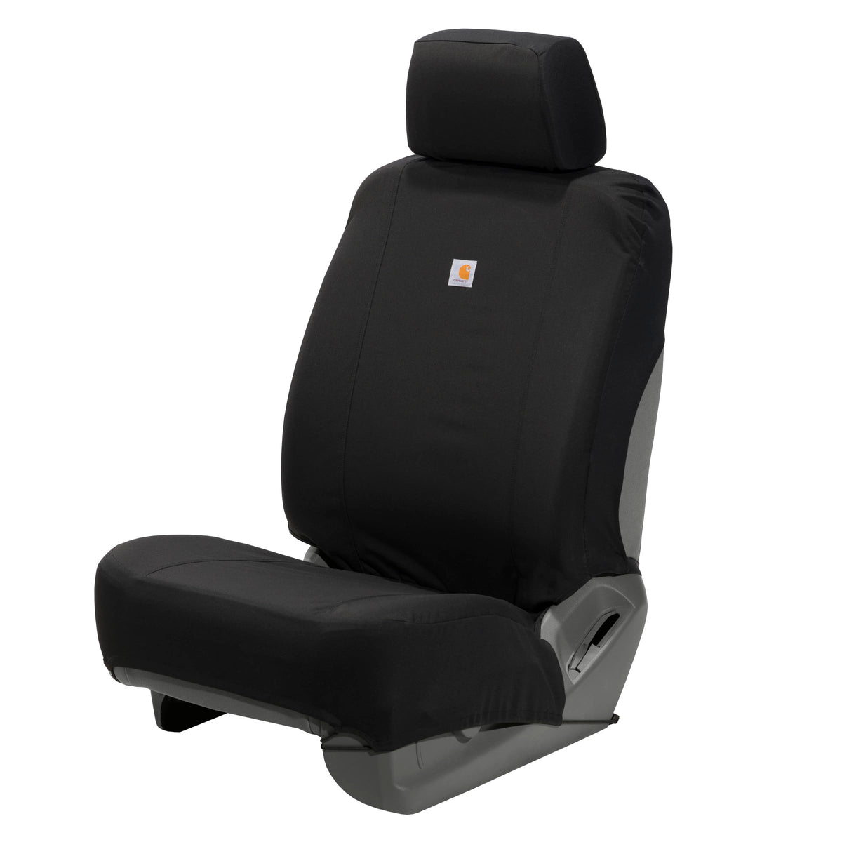 Carhartt universal seat cover front view showing rugged fit and protection.