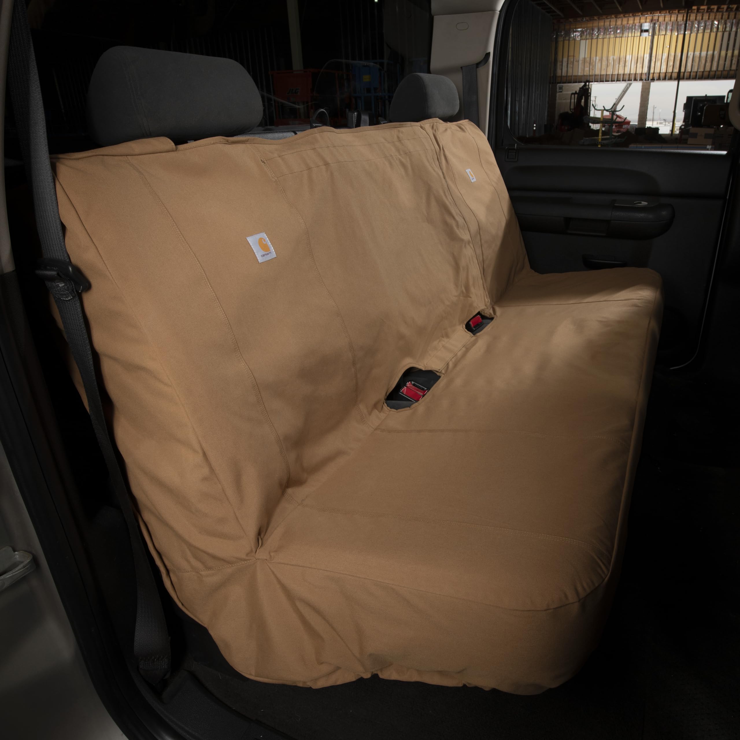 Carhartt Universal Nylon Duck Seat Cover triple needle stitch detail conveys durability.