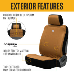 Carhartt two-piece seat cover design showing quick install on headrest and seat