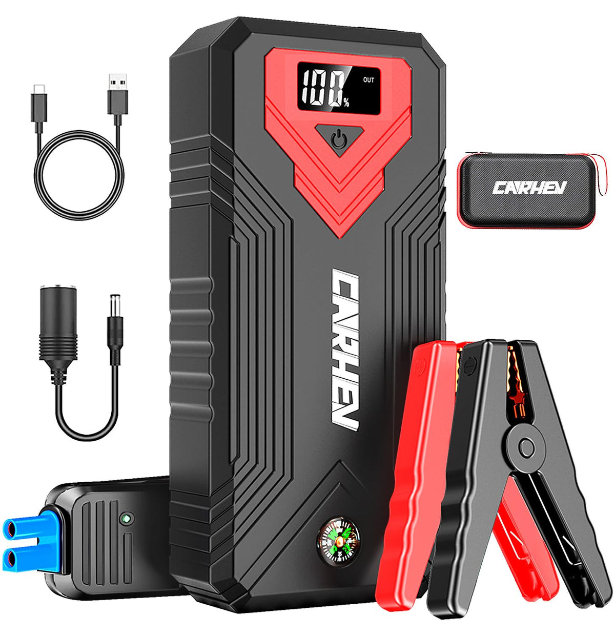 CARHEV 3000A jump starter front view showing its robust build and grip-friendly design