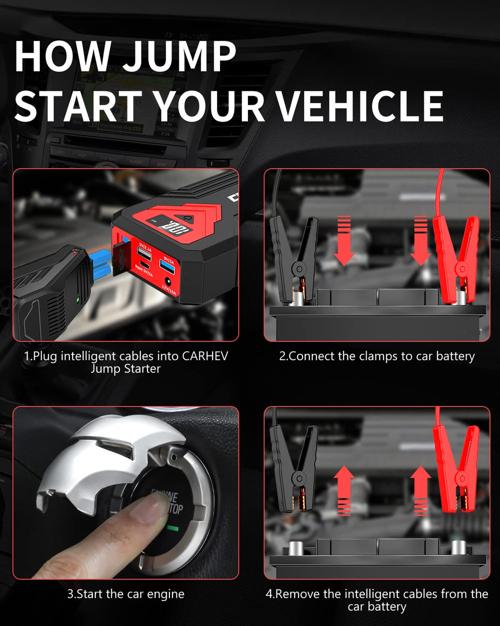 CARHEV compact jump starter fitting easily into a car glove box