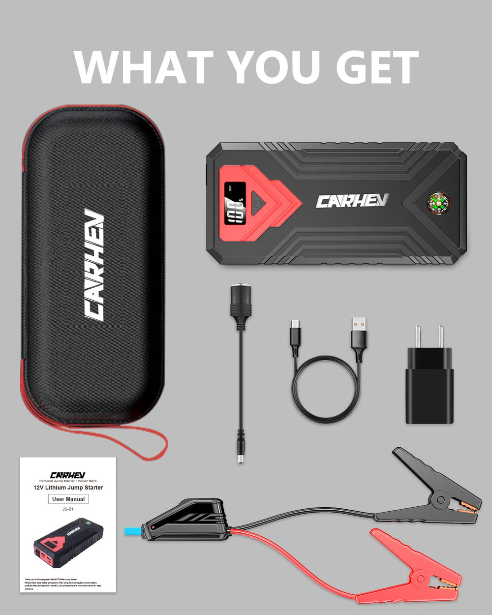 CARHEV accessories and storage case included with the jump starter