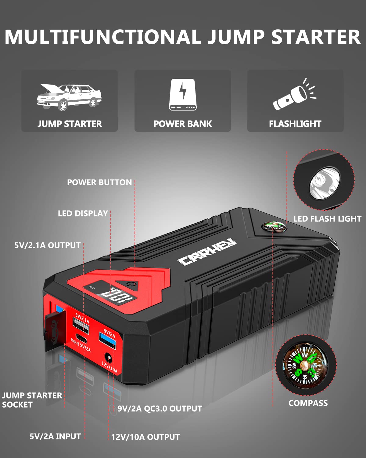 CARHEV jump starter with LED light modes illuminated at night