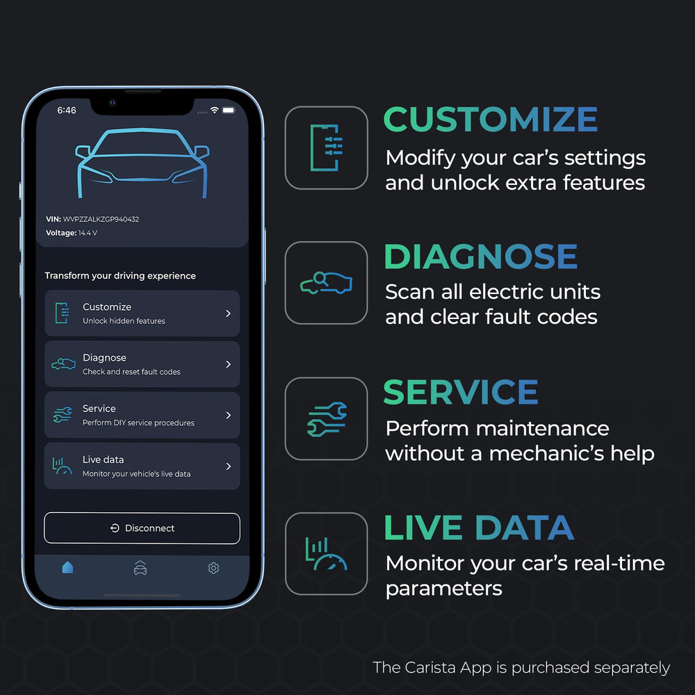 Carista EVO live data view shows engine sensor readings for proactive maintenance.