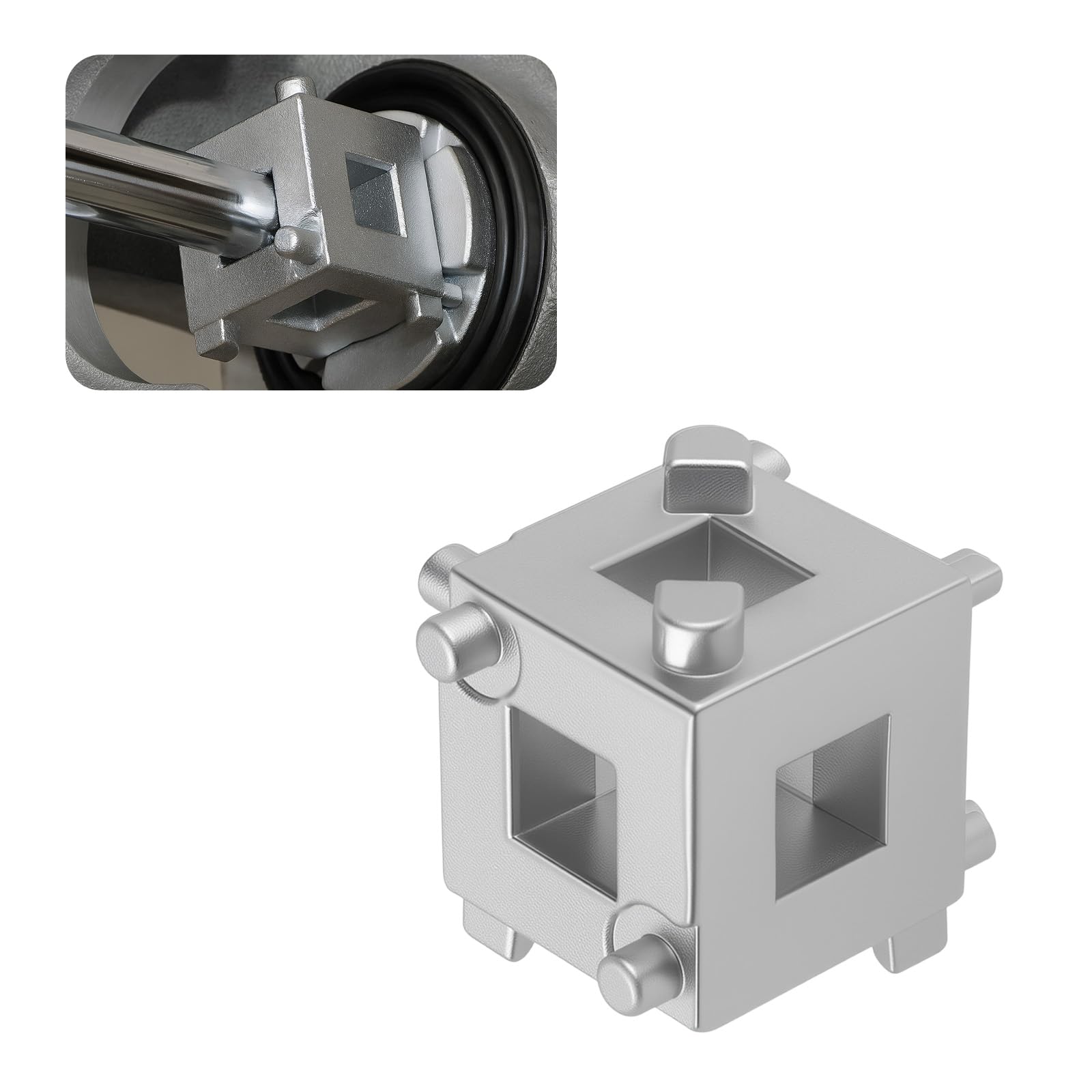 carleef front view of cube tool showing six-sided faces for universal piston fit and ease