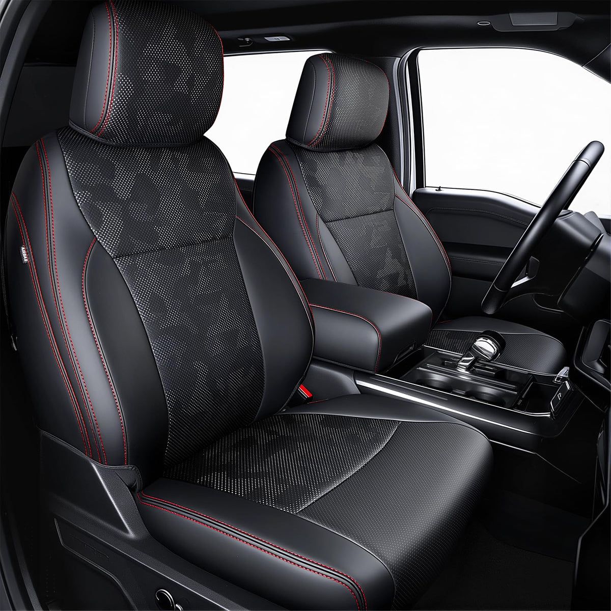 Carlimeki Ford F-150 front seat covers with full coverage for 40/console configuration.