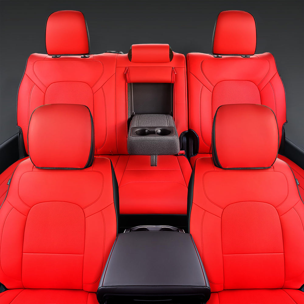 Carlimeki stitching detail on front seat cover shows durable faux leather.