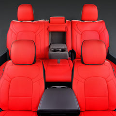 Carlimeki stitching detail on front seat cover shows durable faux leather.