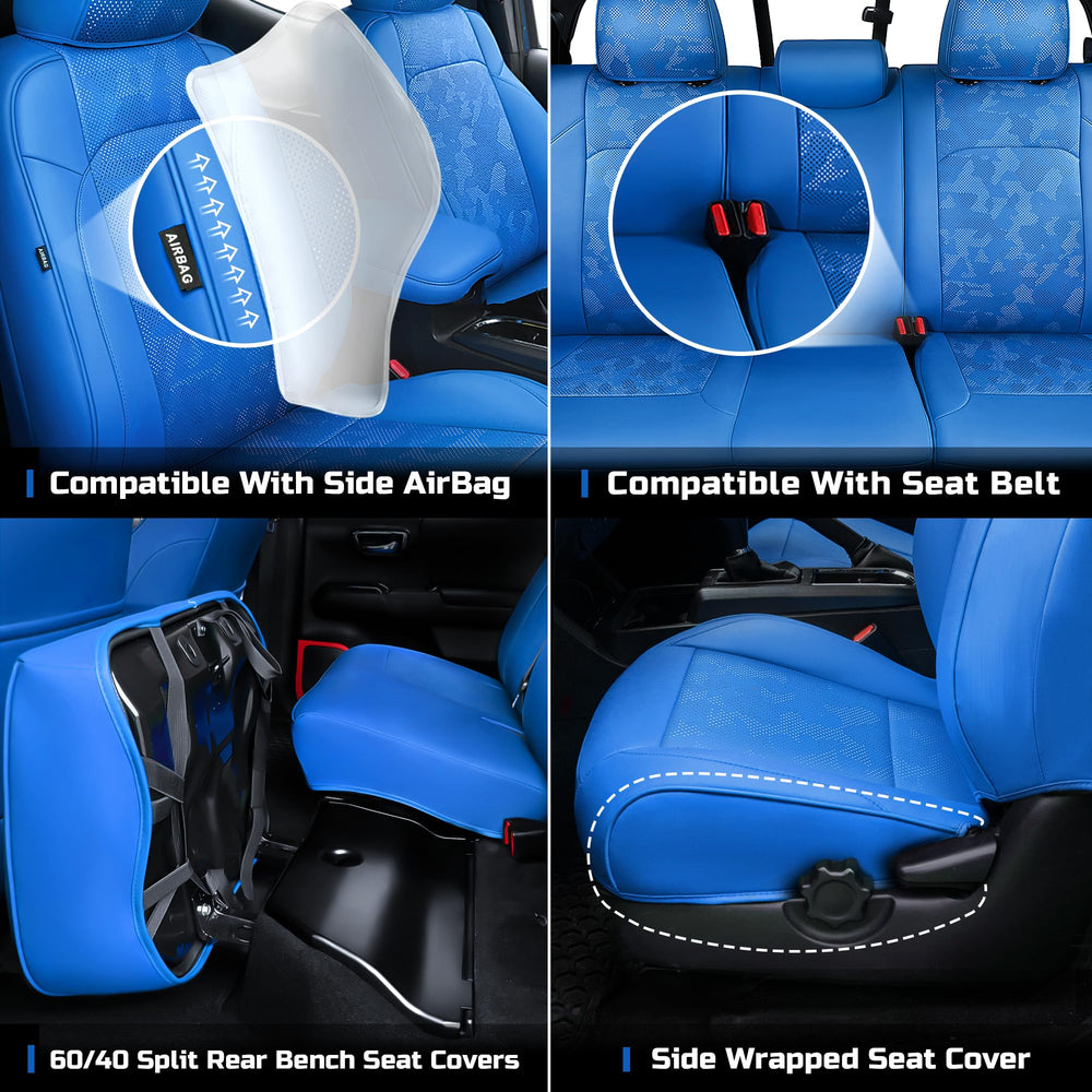Carlimeki Tacoma Gen3 seat cover safety image shows airbag compatibility.