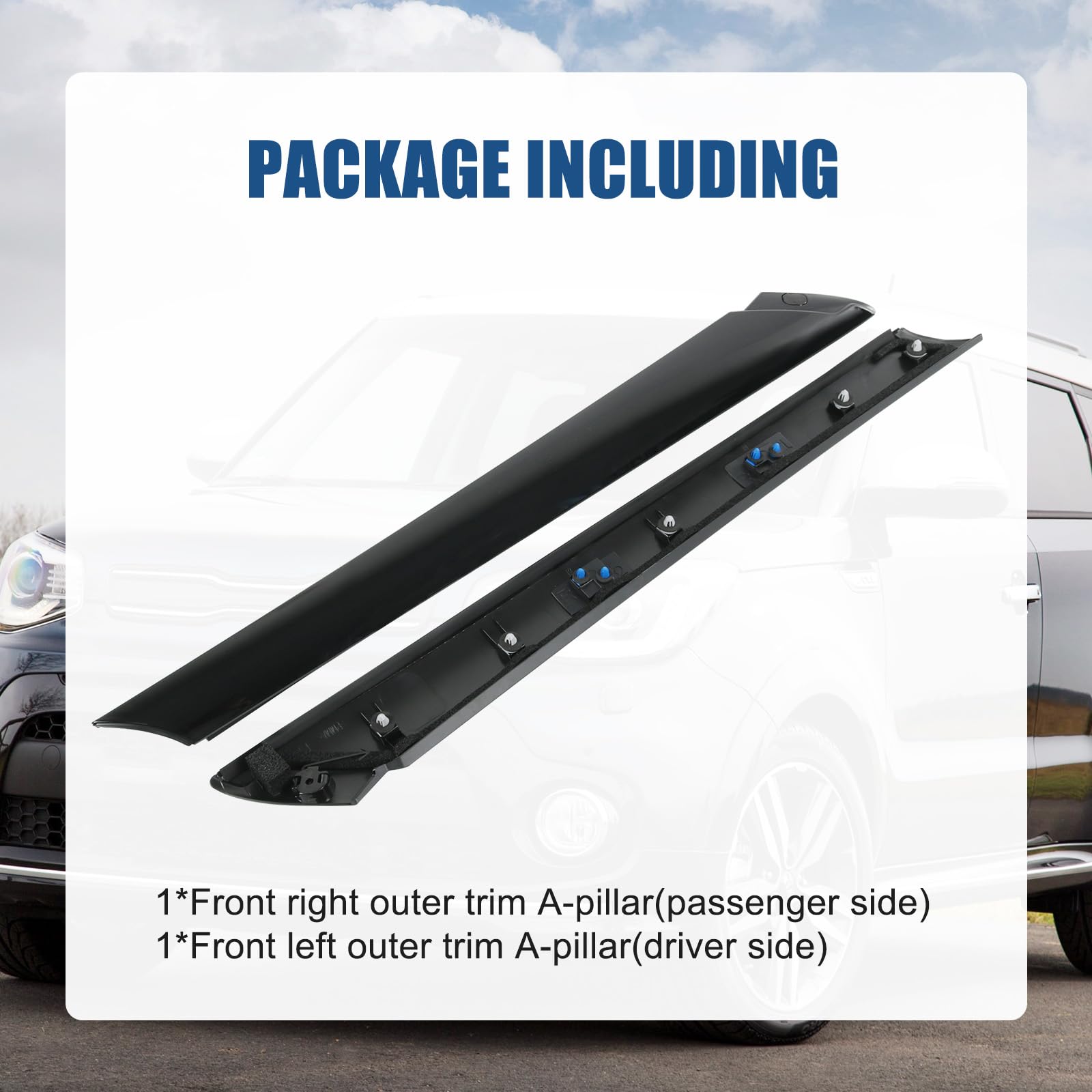 Installed Carmocar A-pillar front molding demonstrating gap-free fit on Kia Soul