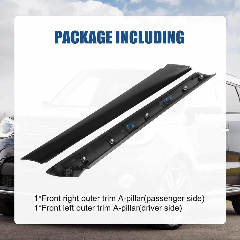 Installed Carmocar A-pillar front molding demonstrating gap-free fit on Kia Soul