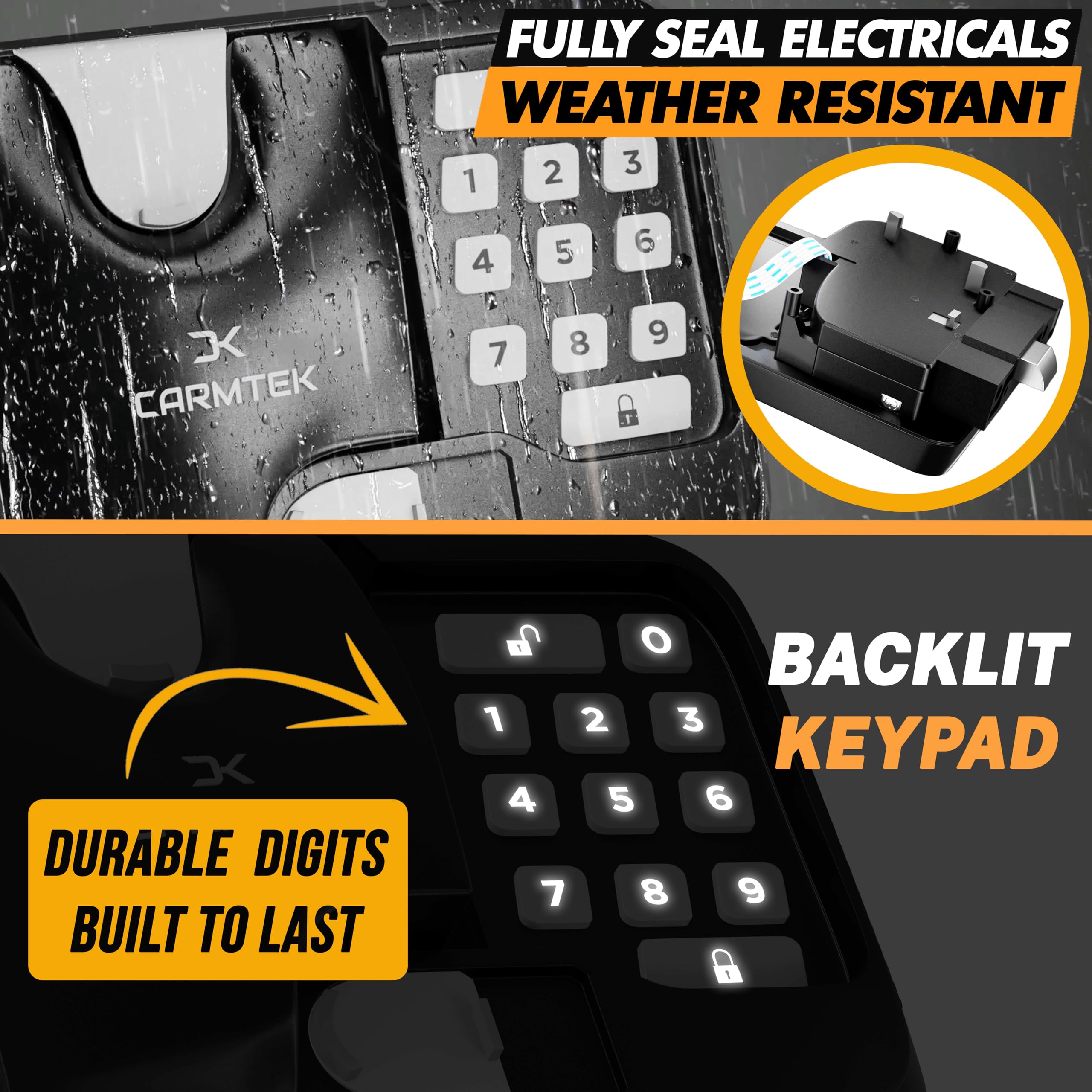 CARMTEK packaging and lifetime warranty information for the RV lock.