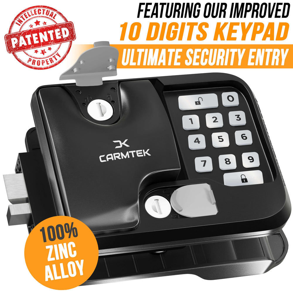 Interior view of CARMTEK RV keyless entry lock with metal latches for inside control.