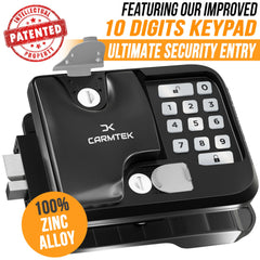 Interior view of CARMTEK RV keyless entry lock with metal latches for inside control.