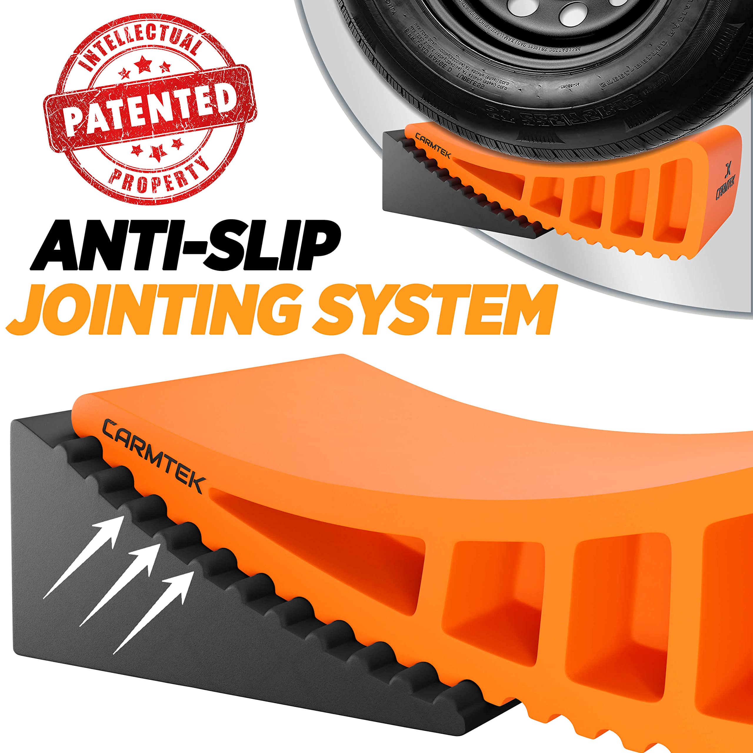 CARMTEK wheel chocks in use providing secure, anti-slip support