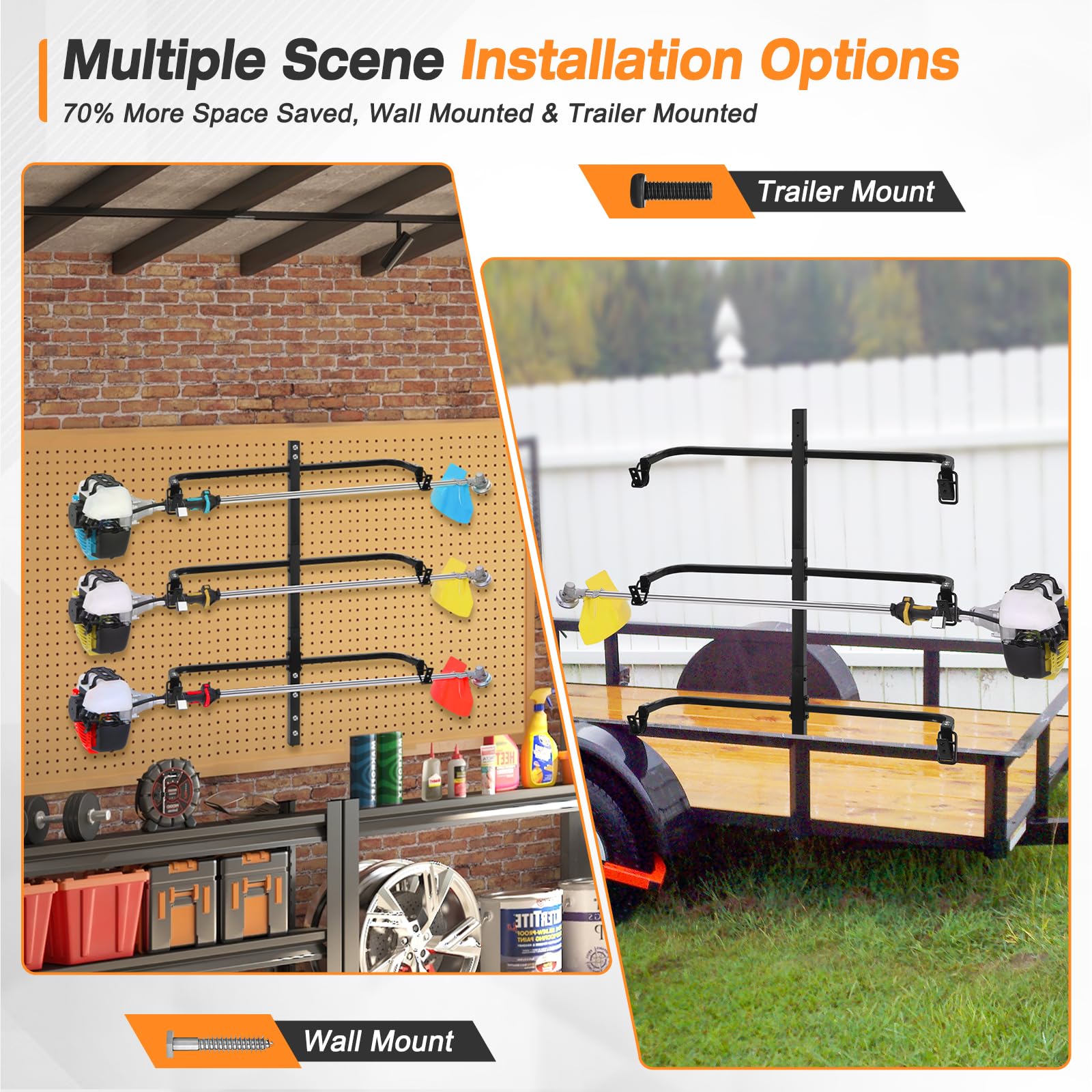 CAROD weedeater rack in enclosed trailer keeps tools safe and accessible.