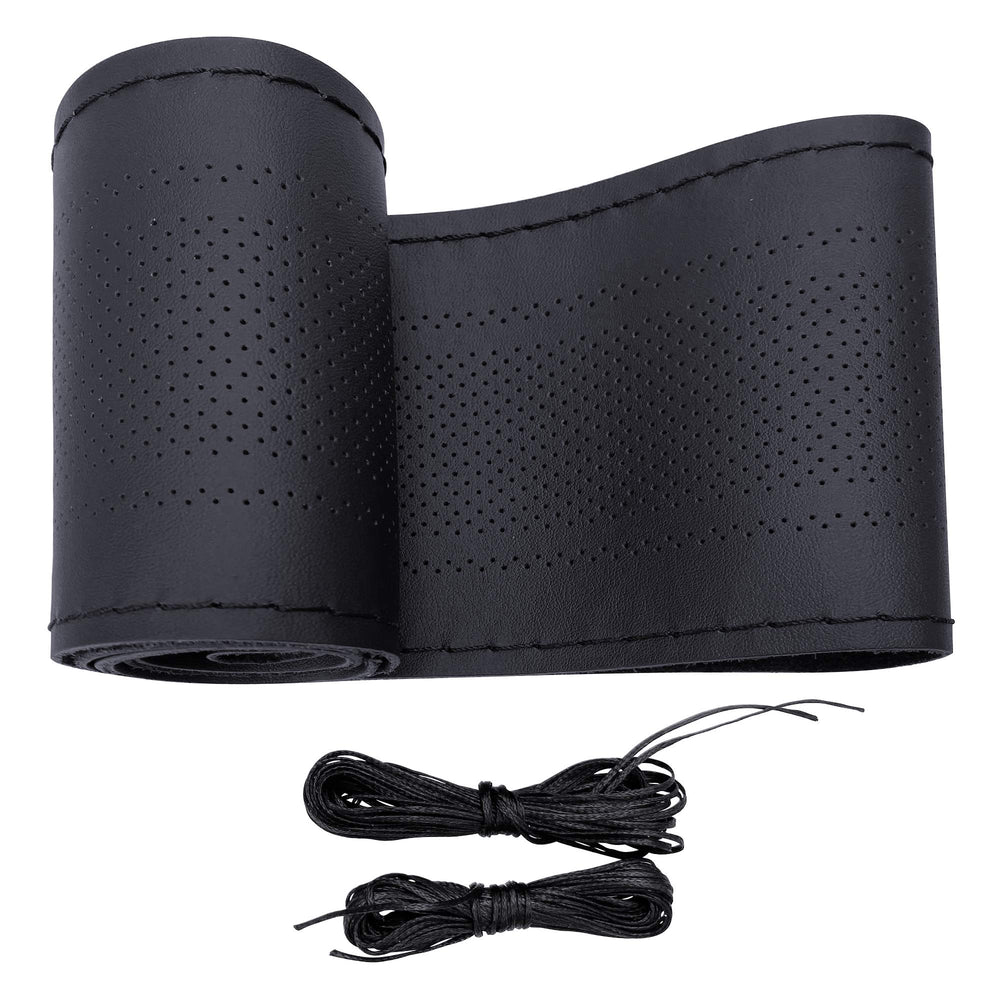 Carodi leather steering wheel cover showing breathable non-slip design in black