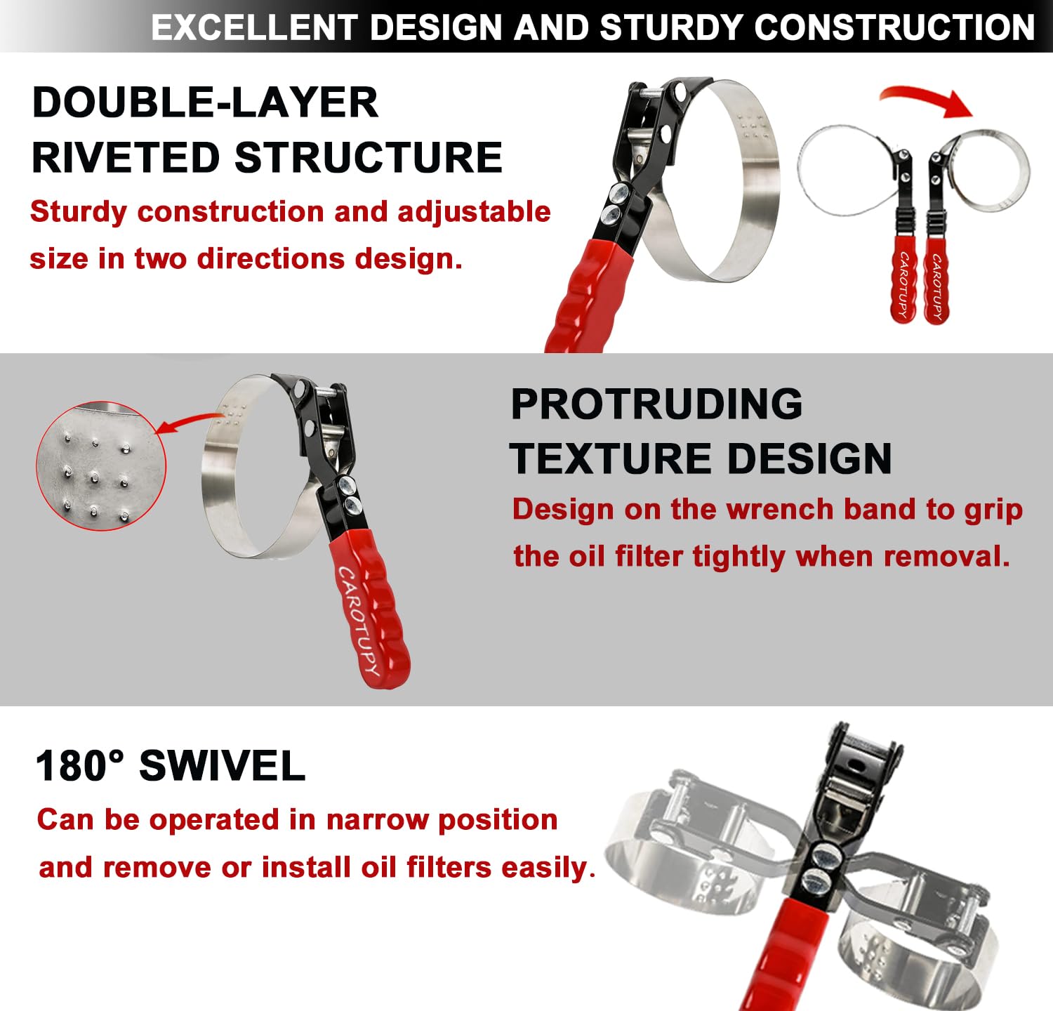 CAROTUPY oil-filter-wrench-stainless-steel-construction shows durability and corrosion resistance.