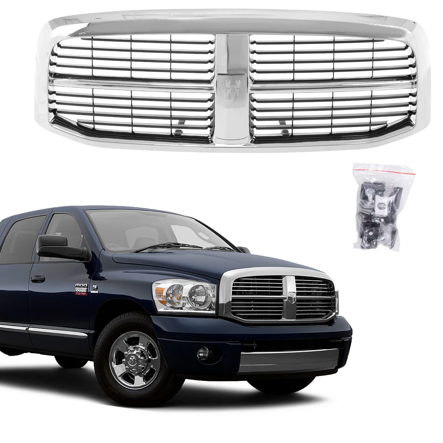 CarPartsDepot front grill grille for Dodge Ram 1500, direct-fit replacement with chrome and black insert