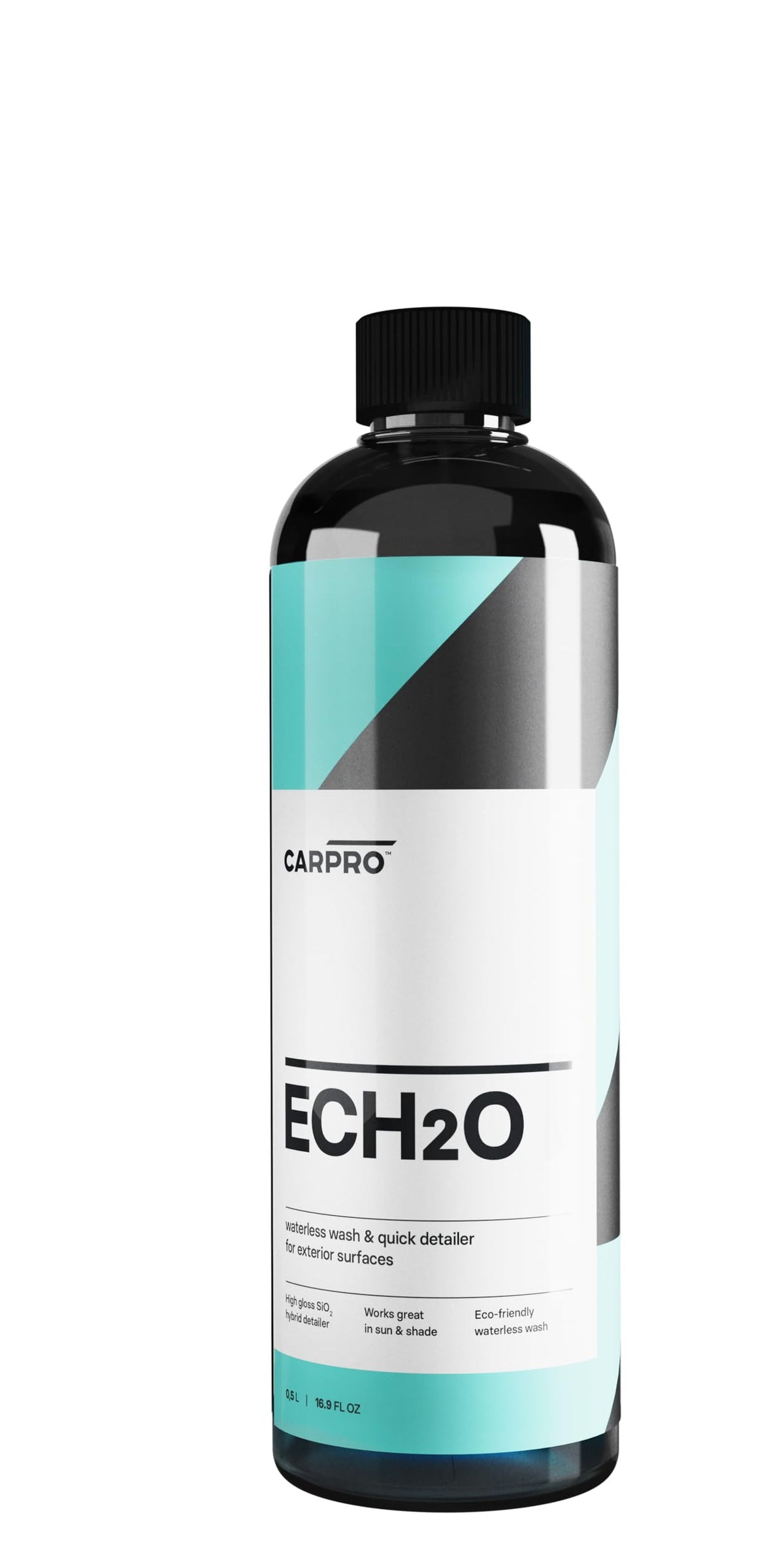 CARPRO ECH2O bottle with nozzle demonstrates gloss-enhancing wash for coated and non-coated surfaces.