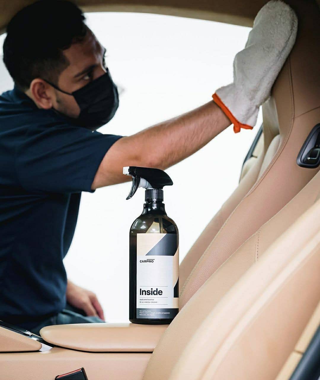 CARPRO Inside leather surface cleaned without greasy residue, preserving dye coat.