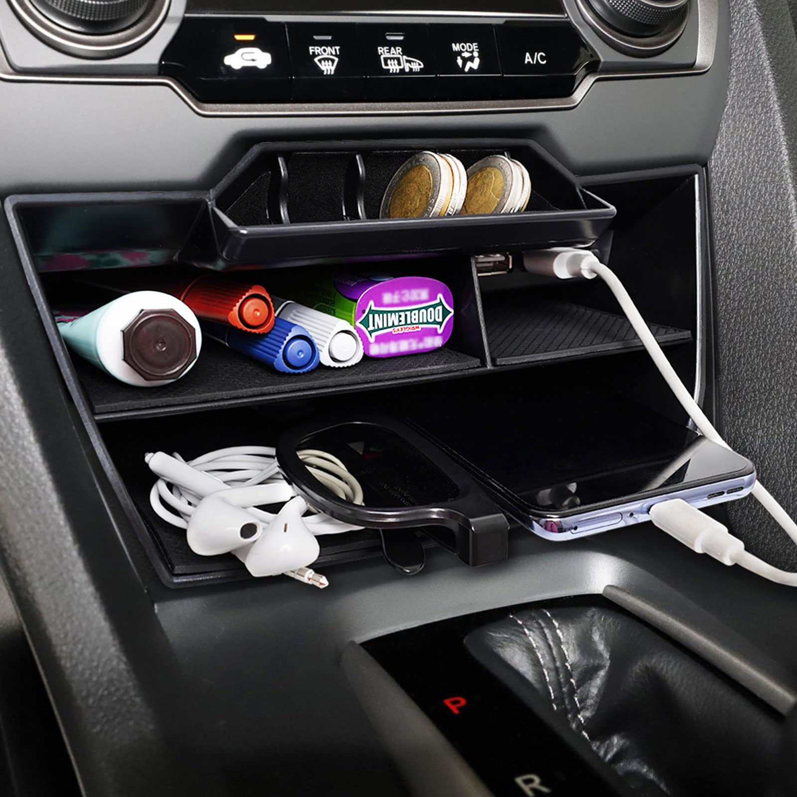 CarQiWireless armrest hidden storage box for Civic keeps items secure and out of sight