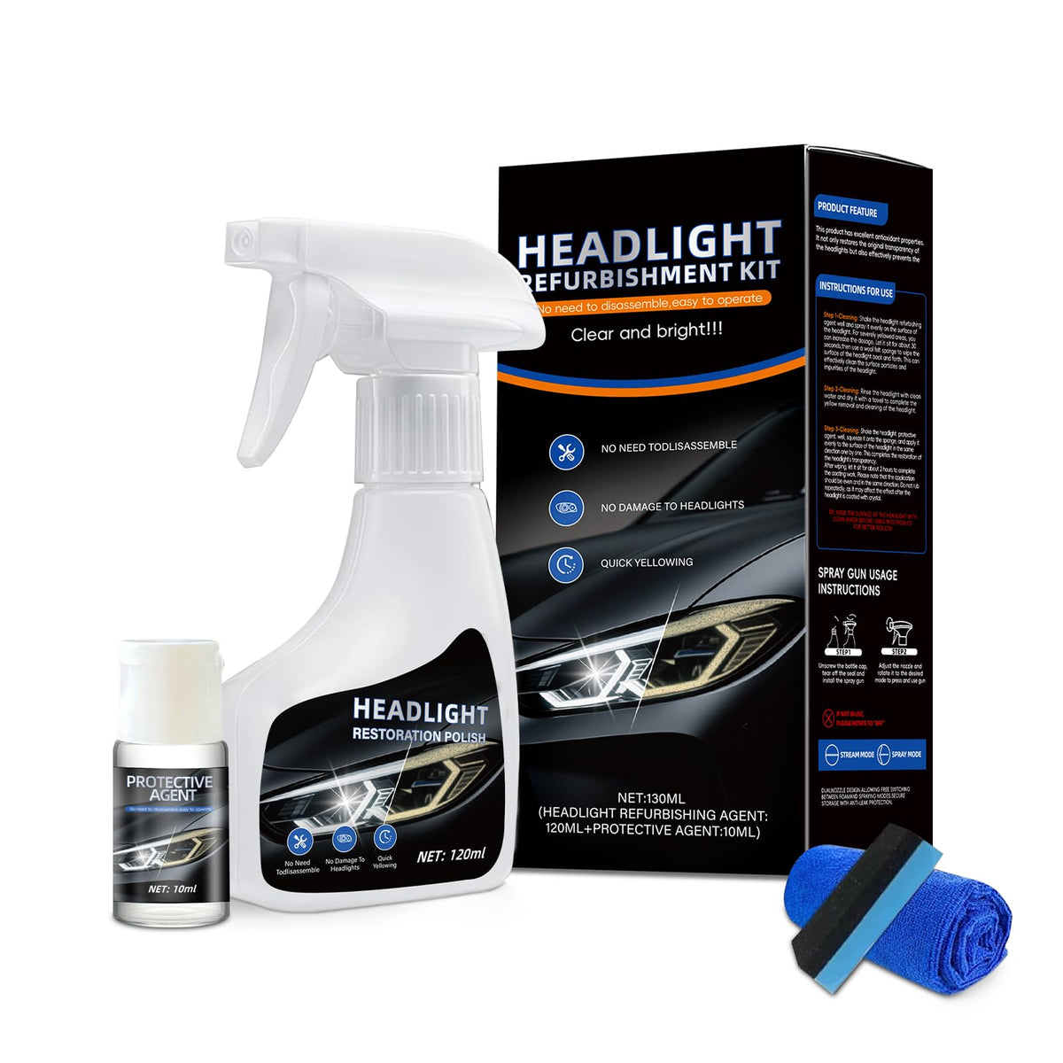 Carrie Rowe headlight restoration kit box with contents for quick renewal.
