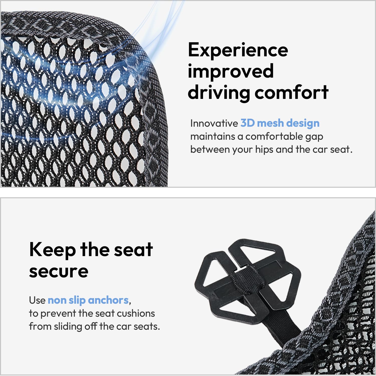 Carrotez non-slip anchors and elastic band keep cushion secure during use
