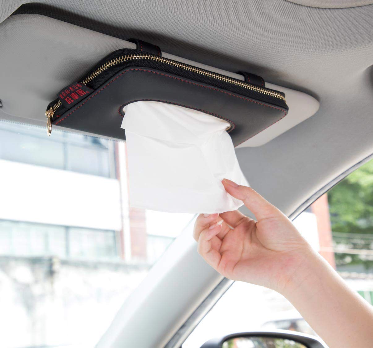 Carstuus car tissue holder attached to visor for quick tissue access