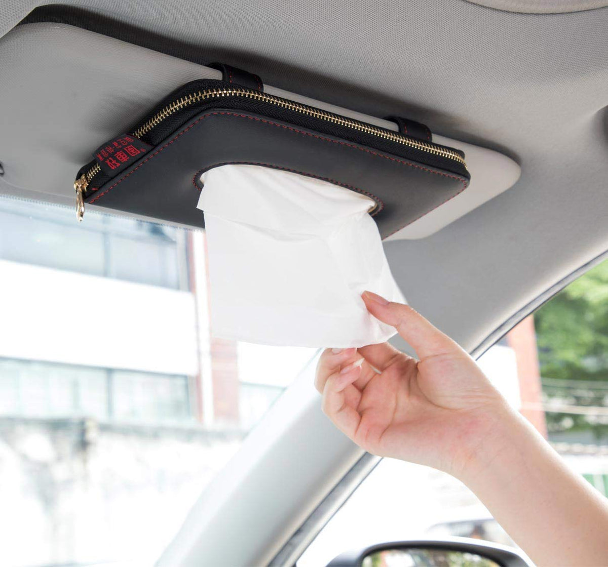 Carstuus car tissue holder attached to visor for quick tissue access