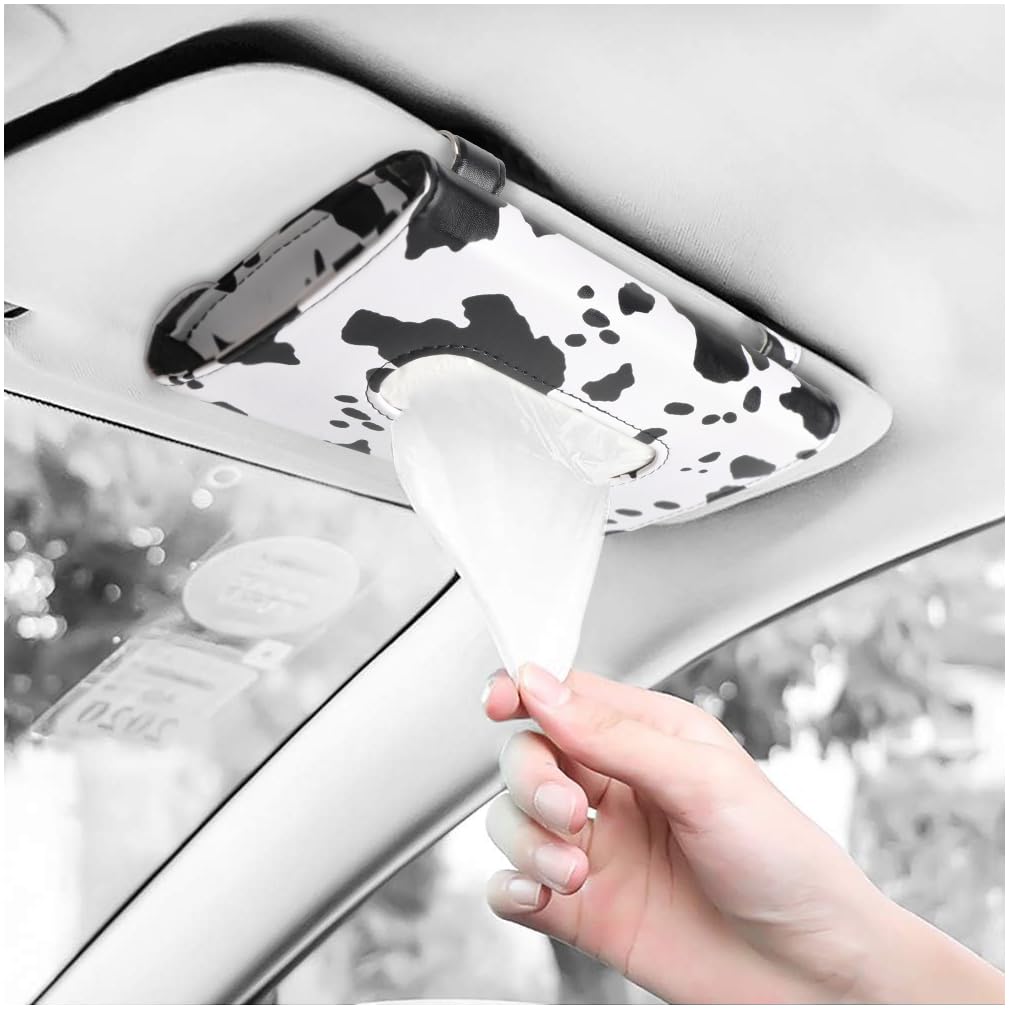 Carstuus cow-print tissue box holder clip keeps tissues within easy reach while driving.