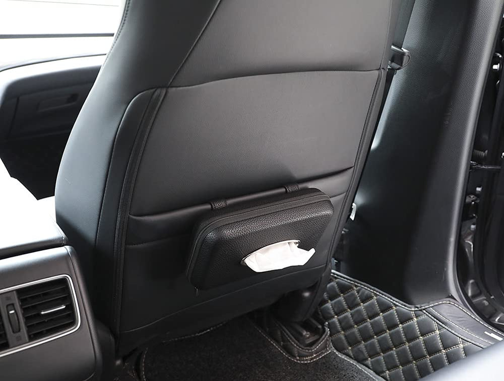 Cartisen tissue holder mounted on backseat for easy passenger access.