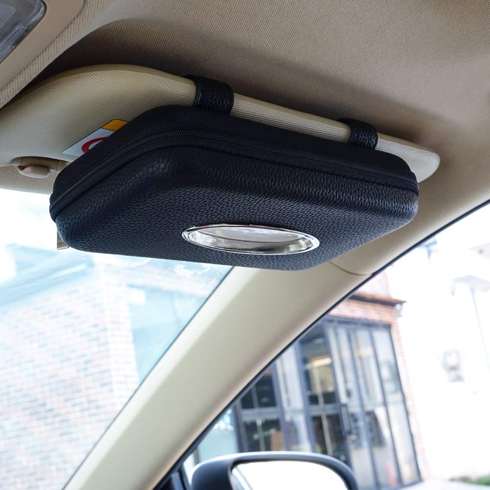 Cartisen tissue holder on sun visor clip for quick reach during drives.