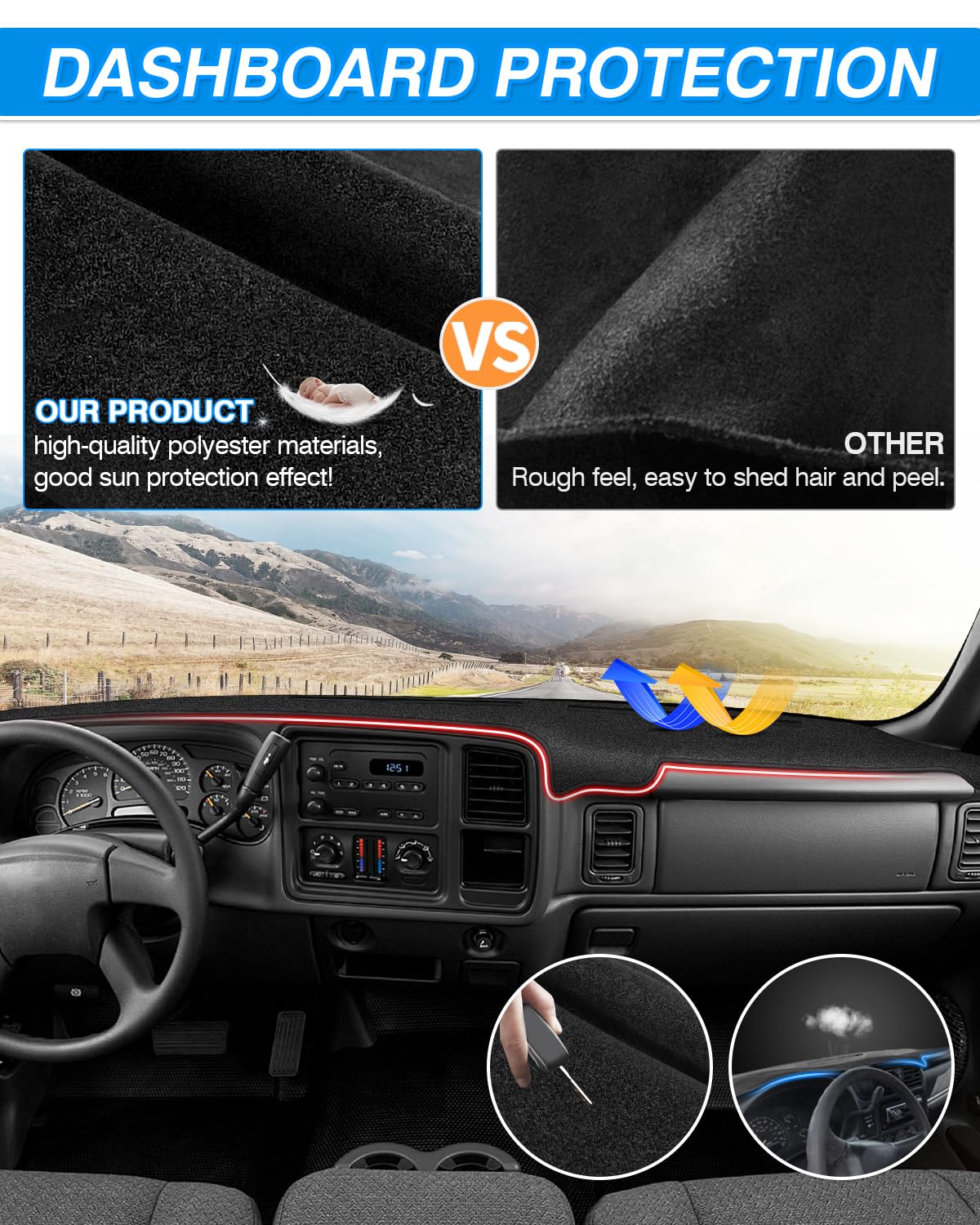 Cartist dash cover showcases pre cut vents for factory-like fit.