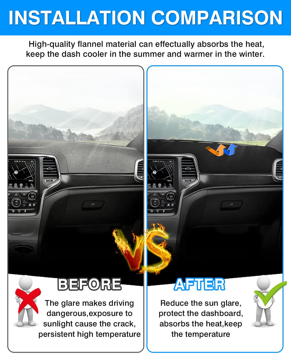 CARTIST dash sunshade reduces glare for safer daytime driving in a Grand Cherokee.