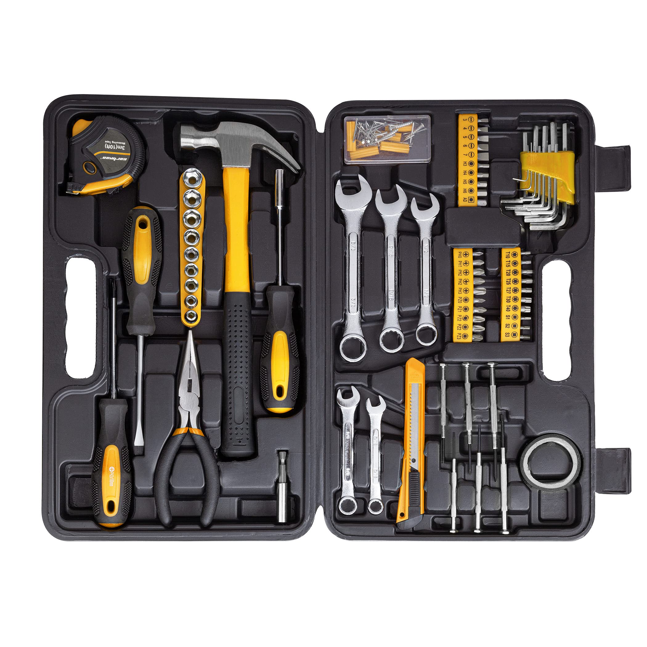 Cartman 148-piece tool kit in yellow case for organized home repairs