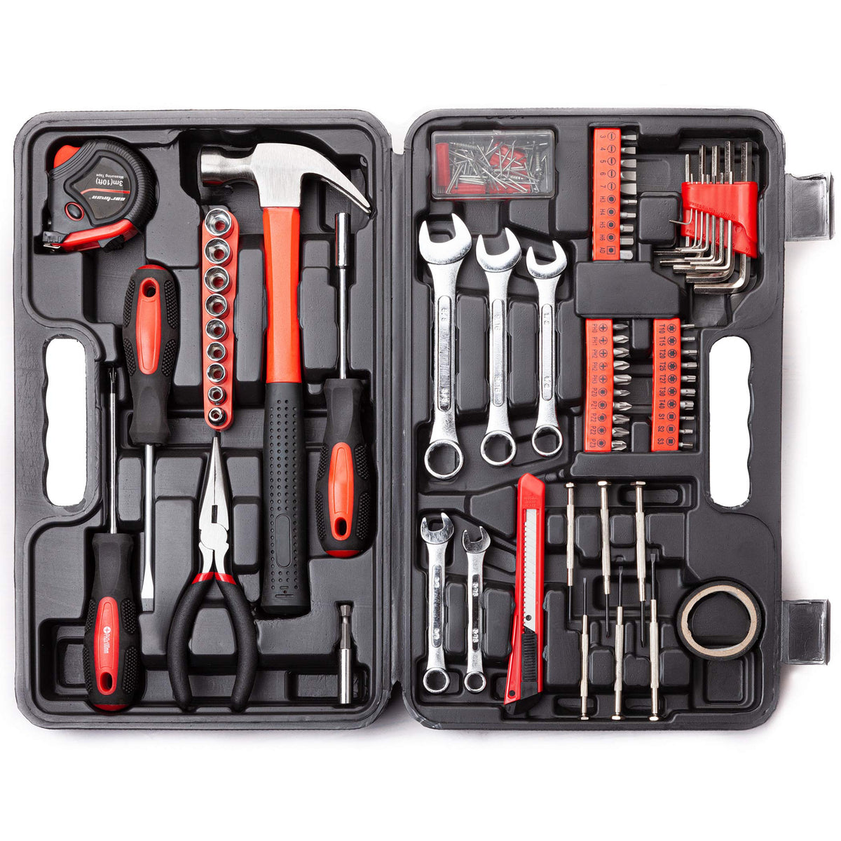 Cartman 148-piece tool set case keeps tools organized for quick home repairs.