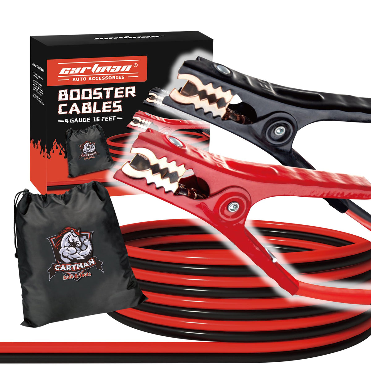 Cartman 4-gauge jumper cables extend 16 feet for easy, reliable vehicle starts.
