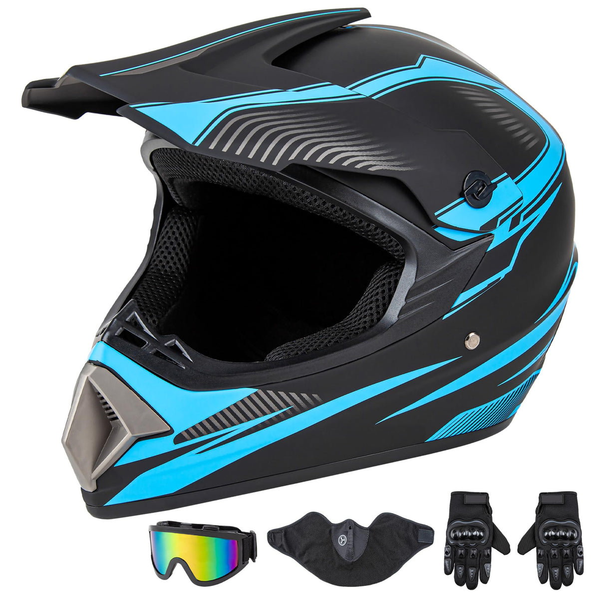 CARTMAN dirt bike helmet front view with matte black and blue finish.