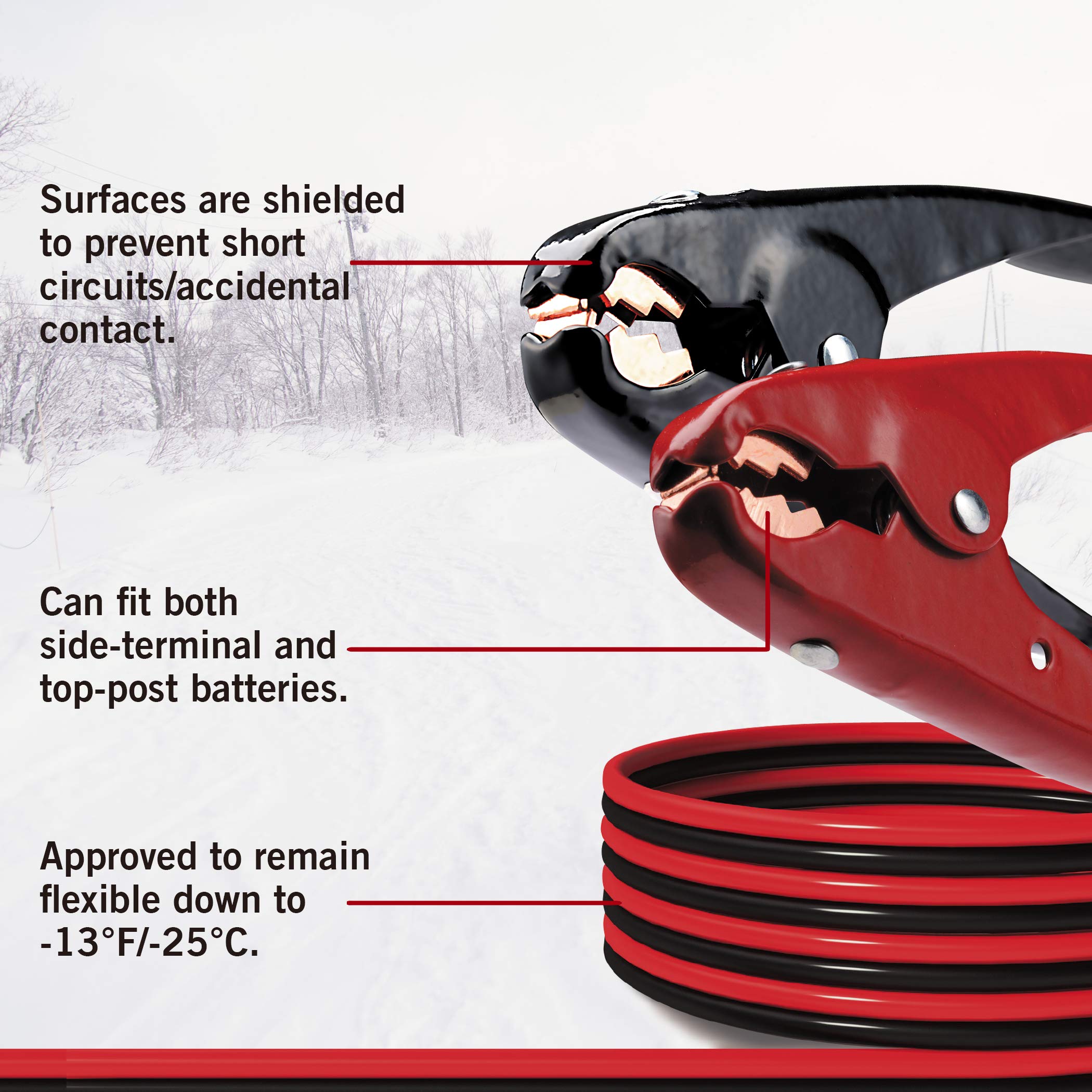 Cartman dual-connection inside tongue secures clamps for safer battery boosts.