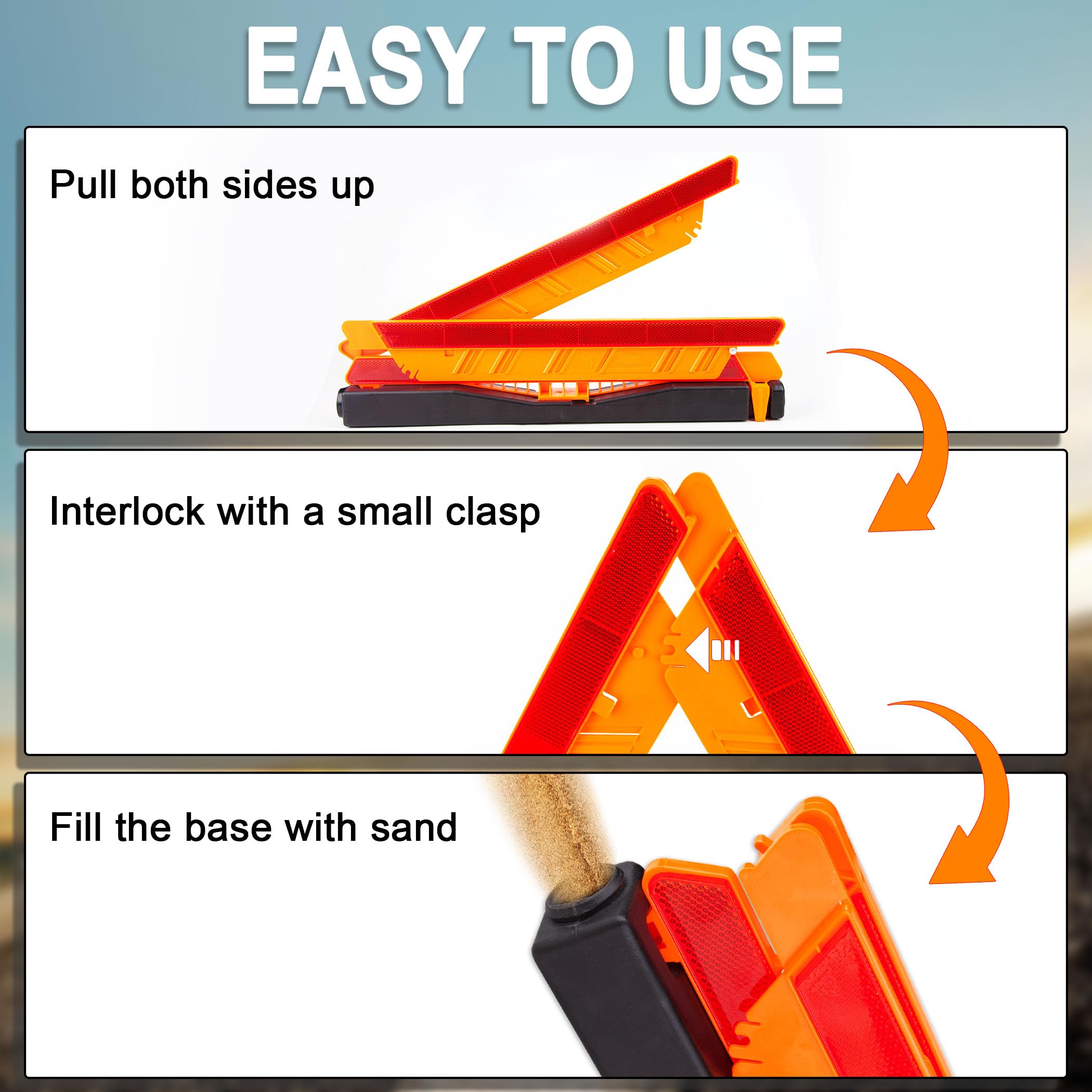 CARTMAN emergency triangle reflects light for nighttime roadside safety.