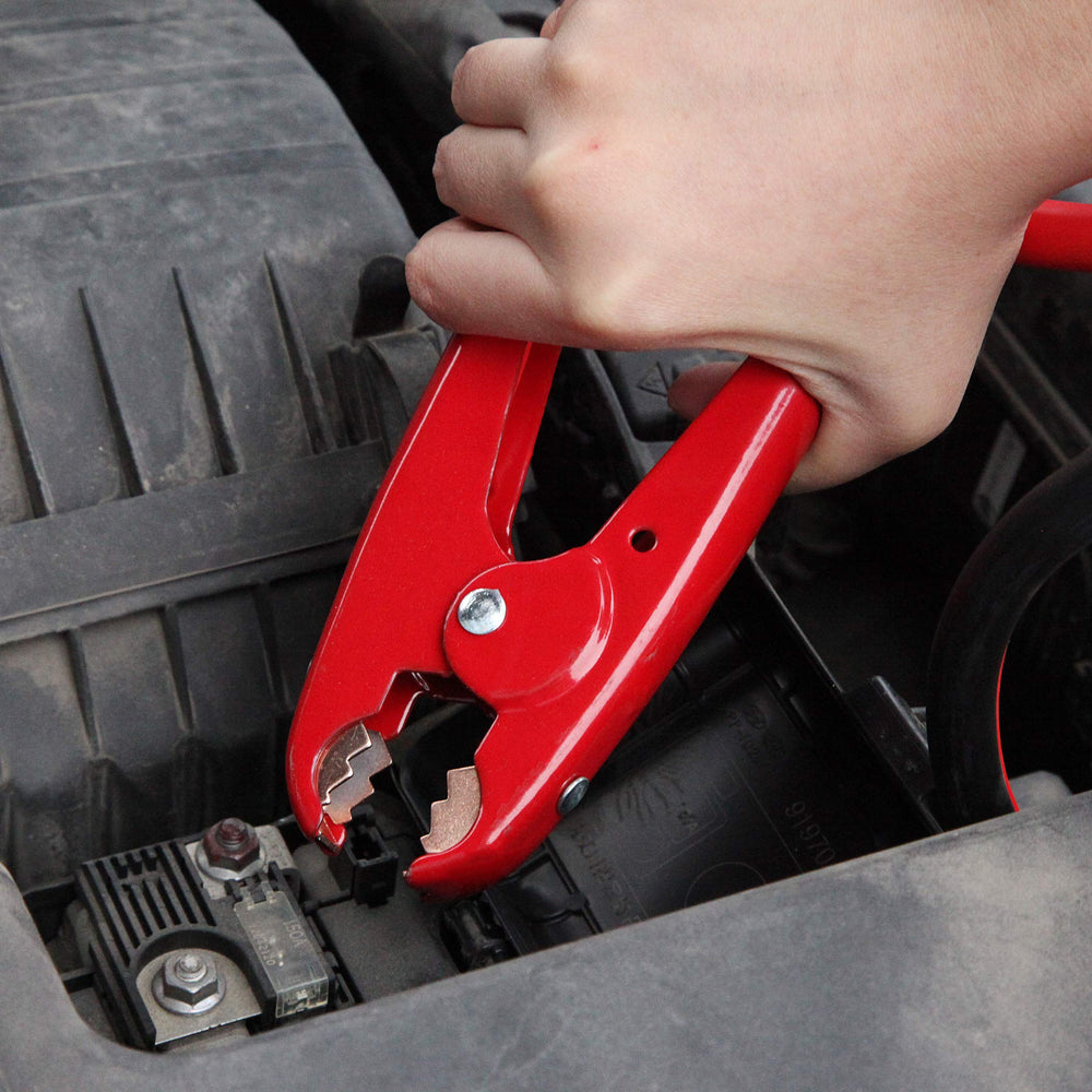 Cartman heavy-duty clamps provide secure attachment to battery posts.