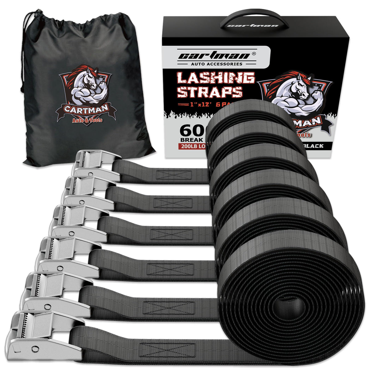 Cartman lashing strap 12ft black secures cargo in transit.