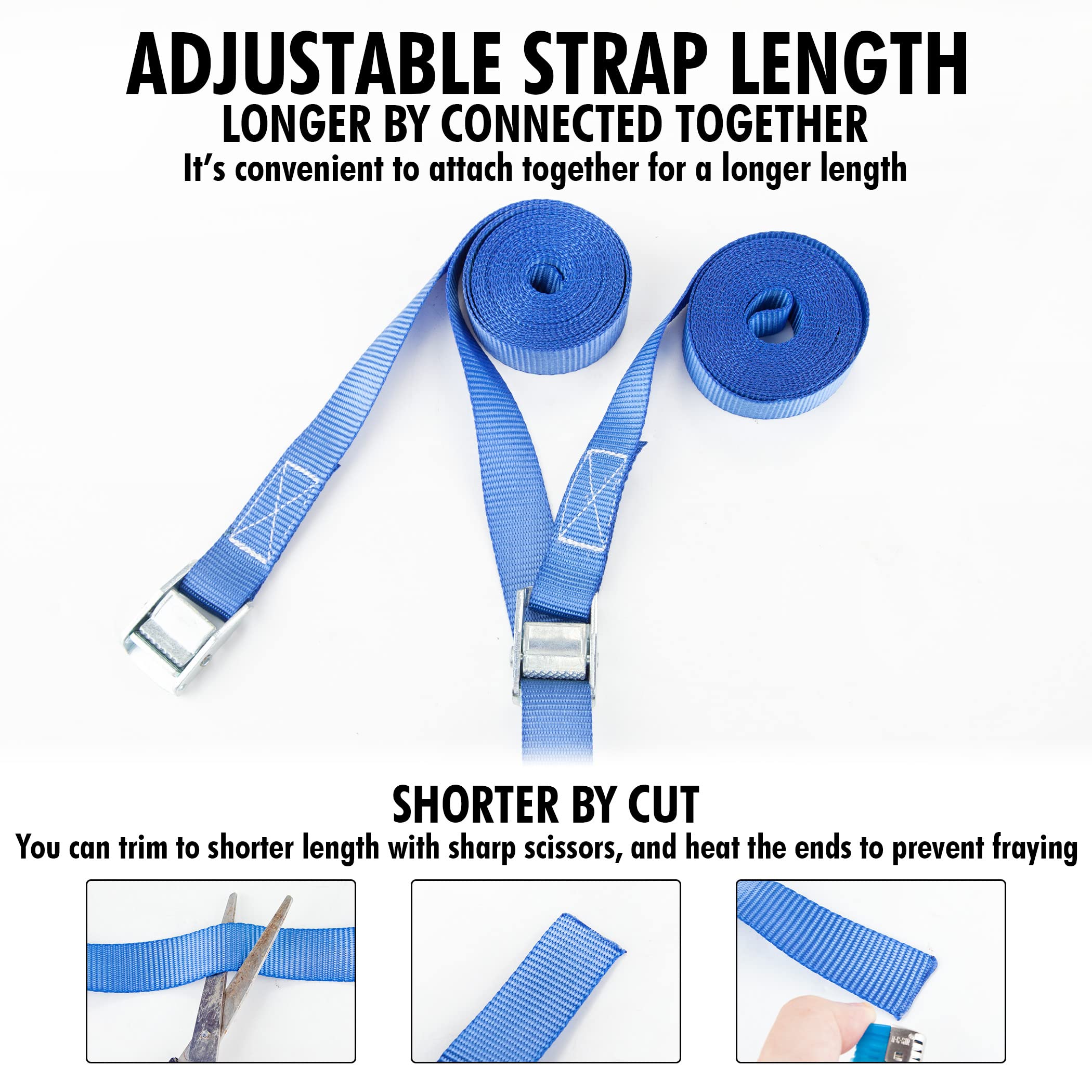 Cartman lashing strap 12ft blue being tightened by hand for quick adjustments.