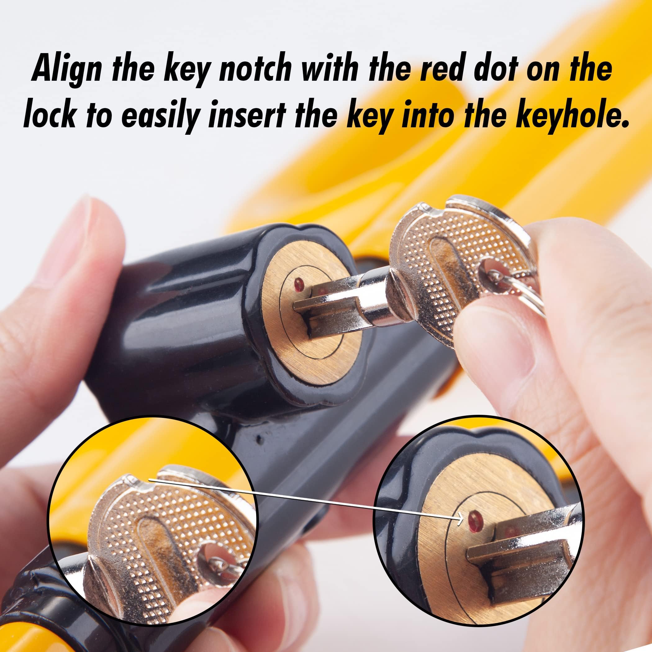 Cartman steering wheel lock demonstrates adjustable length for various wheels.