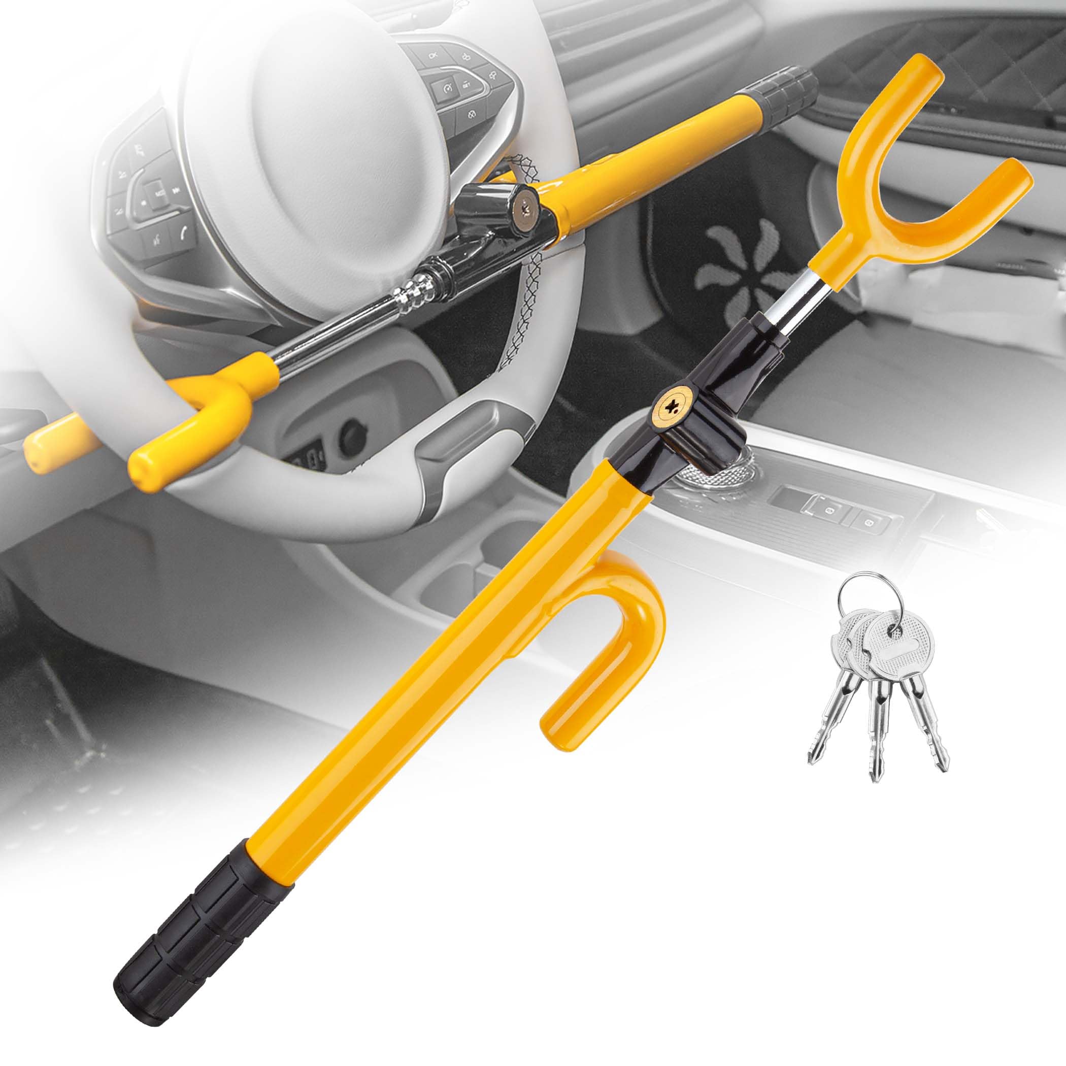 Cartman steering wheel lock shows soft rubber sleeve protecting wheel surface.