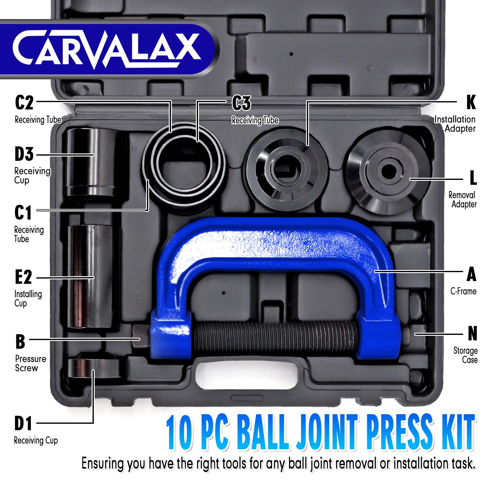 CARVALAX ball joint press kit universal adapters enable versatile vehicle fitment.