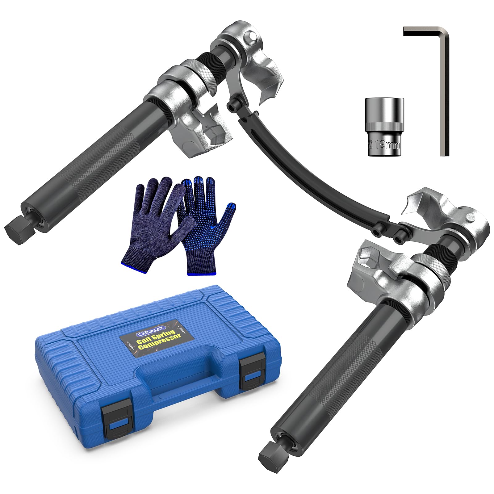 CARVALAX coil spring compressor tool 2-piece set in use for suspension work.